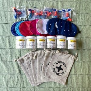 Set of (6) Hangover Recovery Kits. Canvas bags, Pill Bottles, Masks, Ear…